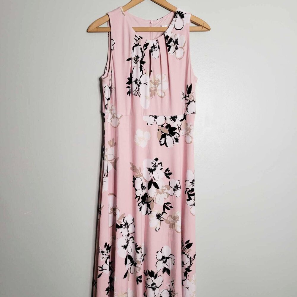 London Times Women's Pleated Neck Sleeveless Midi Dress Blush/Taupe/Ivory 6